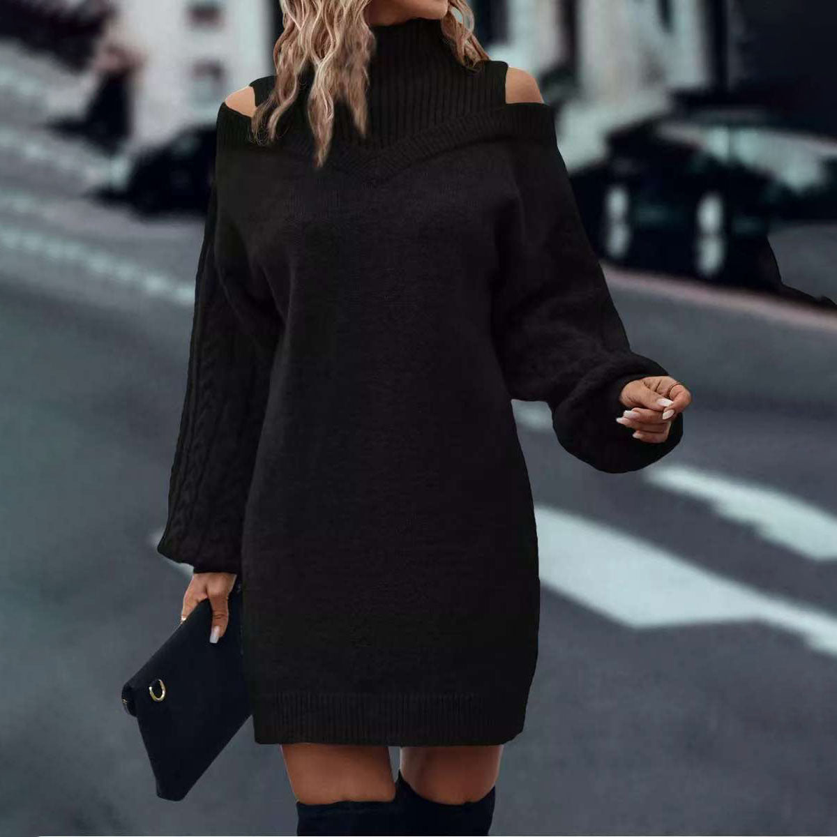 Off-shoulder Womens Pullover Mock Turtleneck Puff-sleeve Knit Sweat…