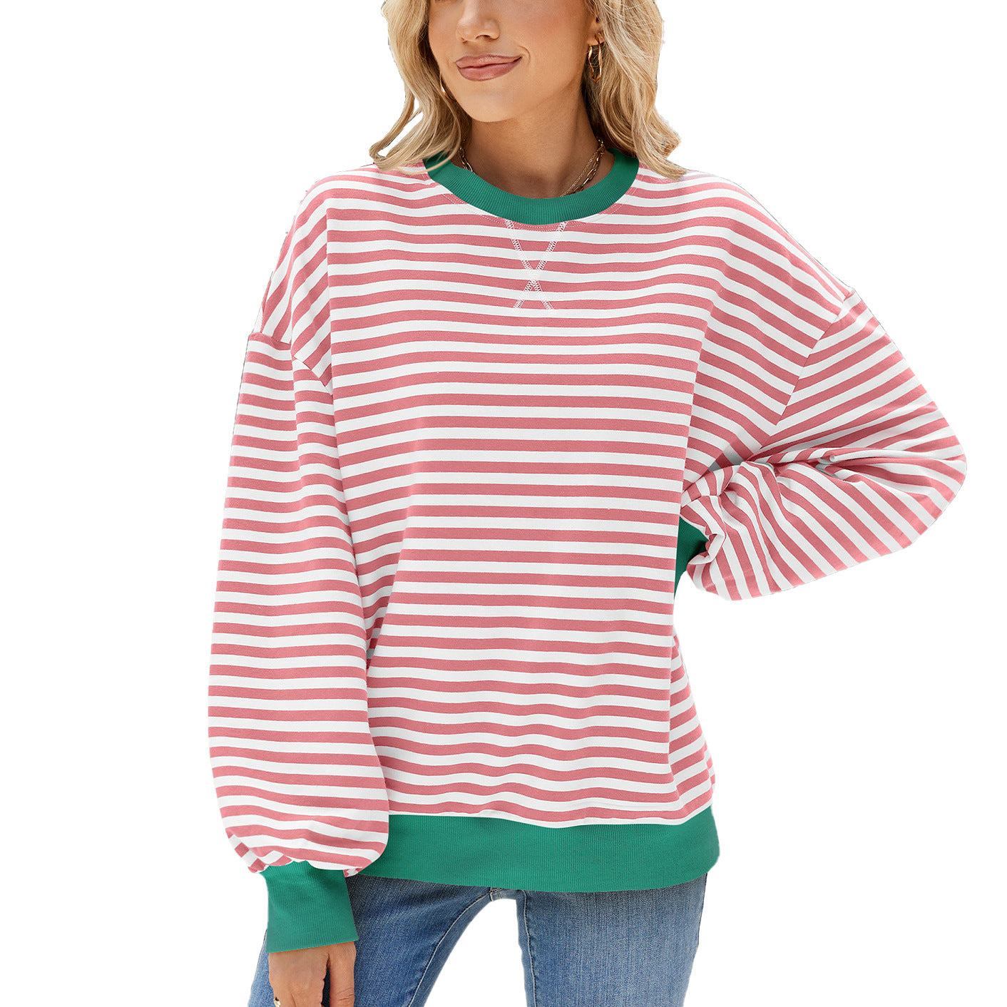 Women's Striped Round Neck Loose Long Sleeve Sweatshirt