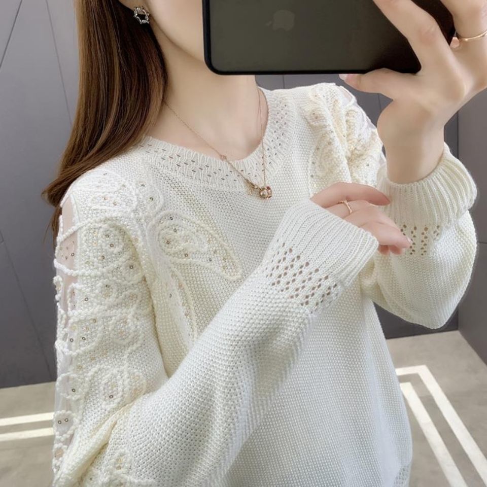 Pullover Lace Bottoming Shirt Long Sleeve Loose Hollow Knitted Sweater for Women