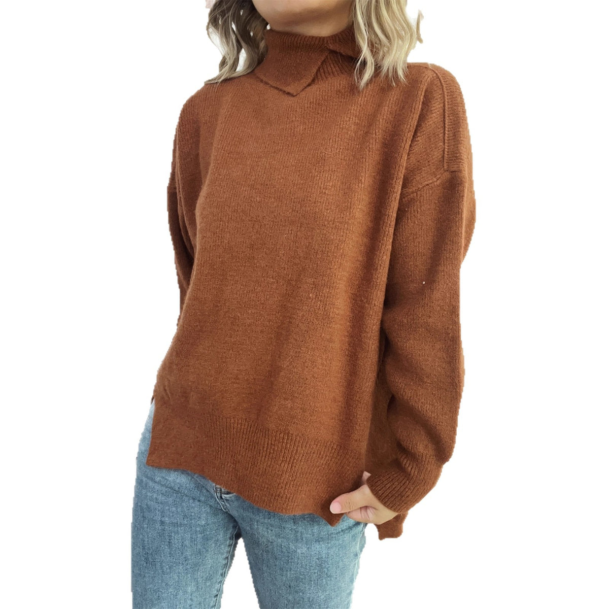 Women's Simple and Irregular Split Turtleneck Solid Color Knitted Pullover