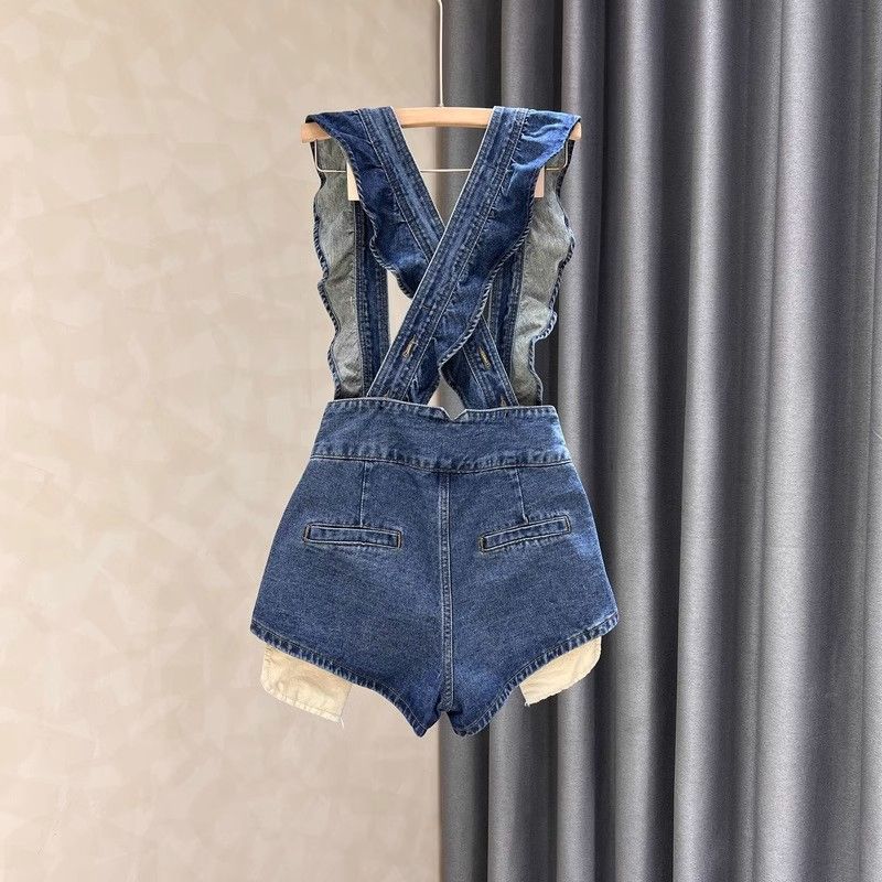 Women's Blue Denim Suspender Shorts Casual Romper