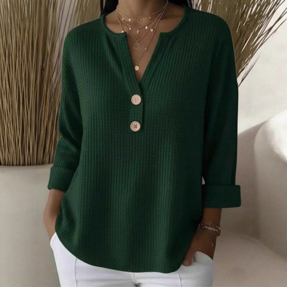 Women's Loose-Fit Waffle-Knit V-Neck Long-Sleeve Top