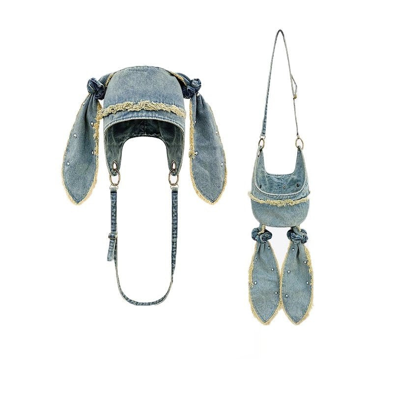 Summer Distressed Denim Cap with Rabbit Ear Fringe