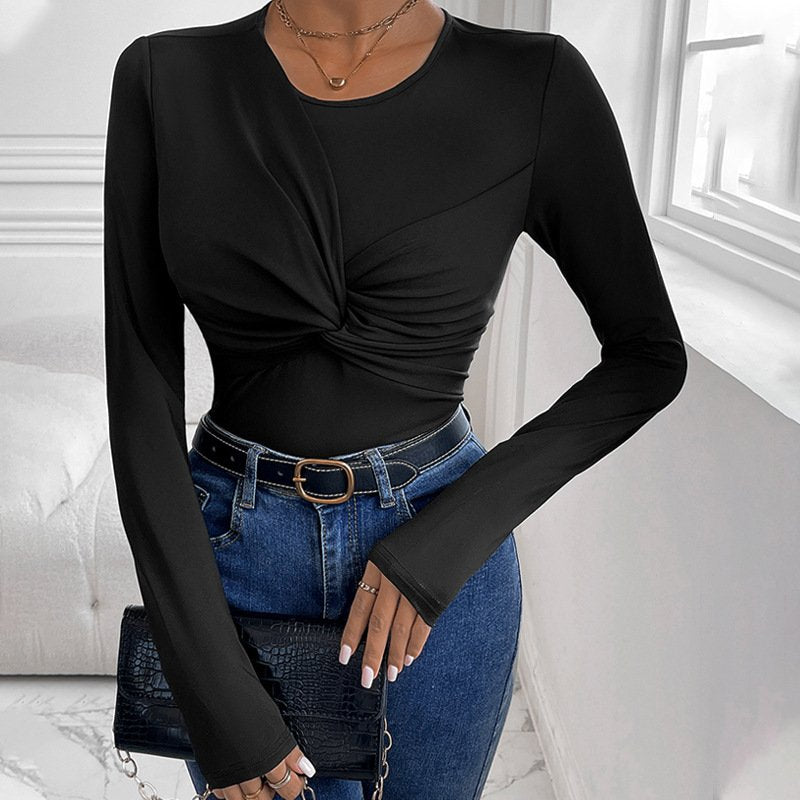 Chic Black Twist-Collar Long Sleeve Bodysuit