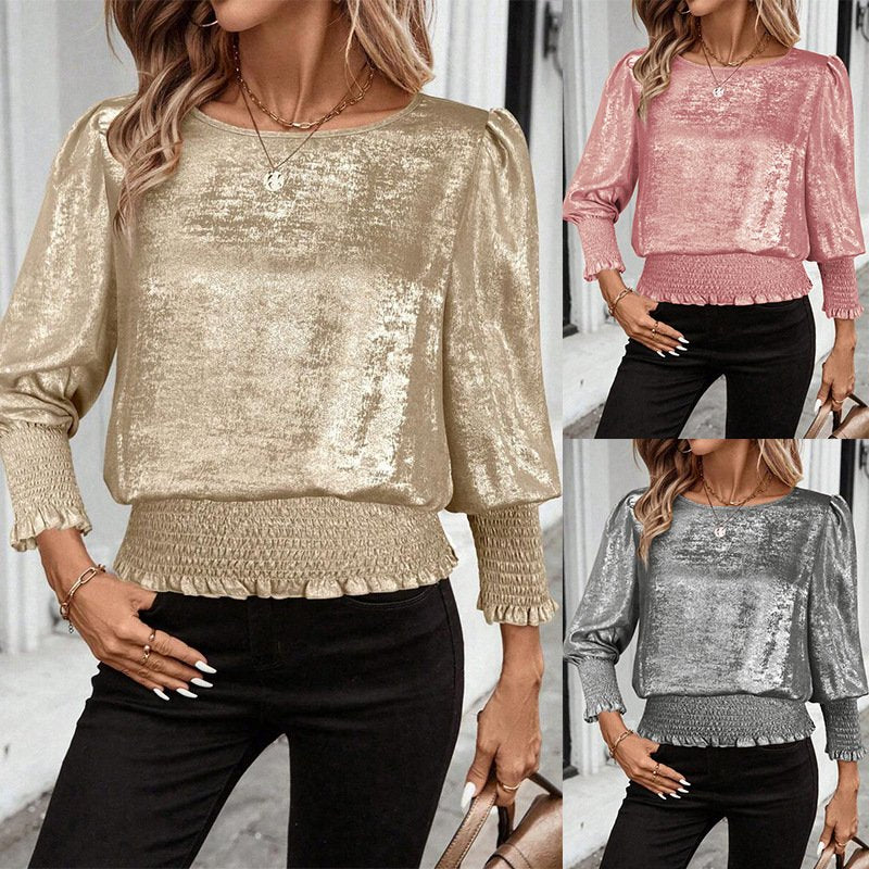 Gold-Stamped Elastic Mid-Sleeve Pullover Chic Top