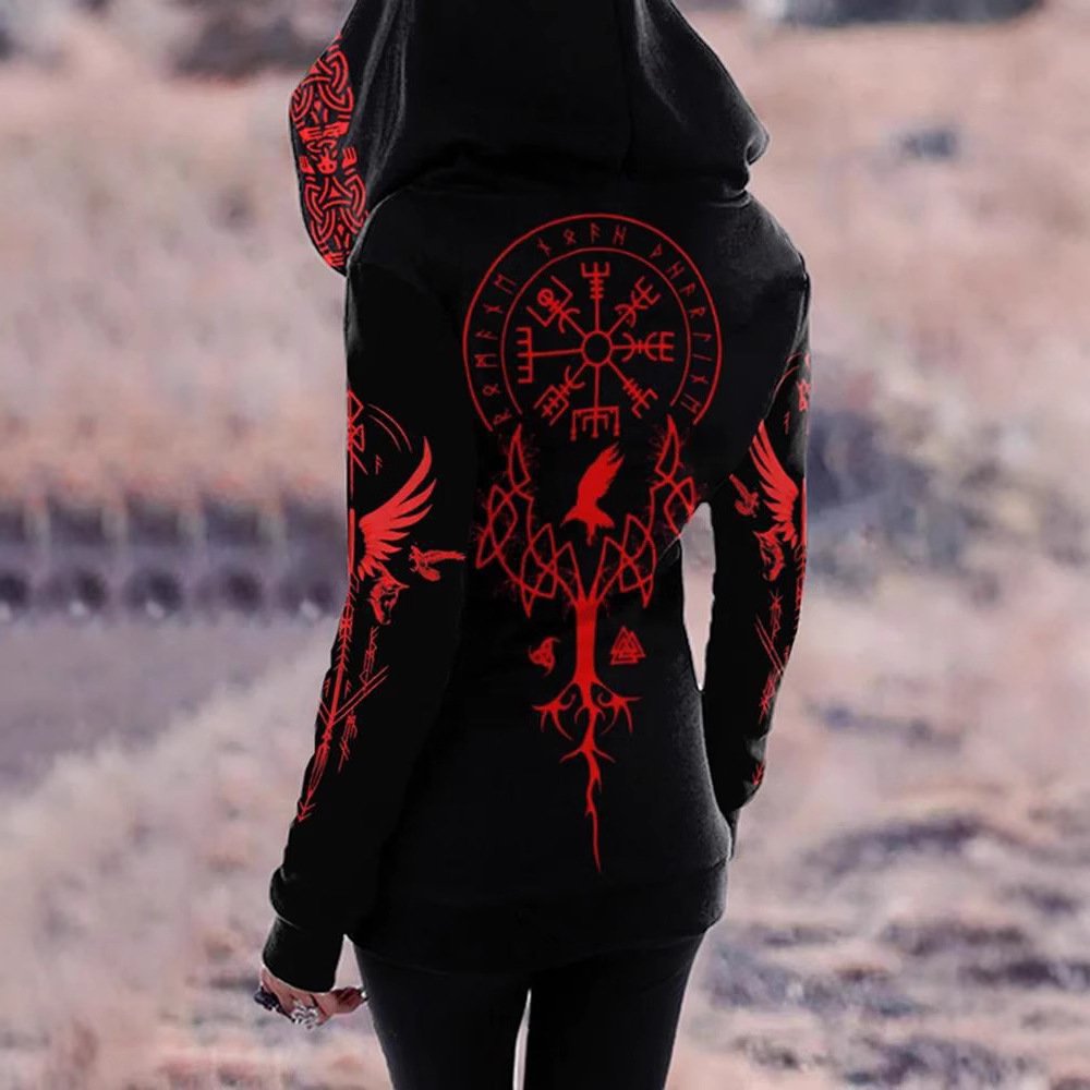 Women's Retro Printed Zip-Up Loose Casual Hoodie
