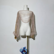 Diamond Embellished Long-Sleeve Sweet Shawl Top