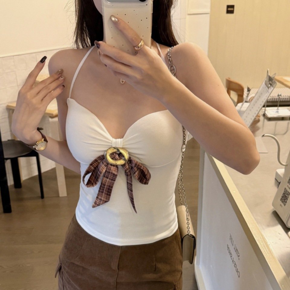 White Halter Neck Bow Tie Camisole for Women