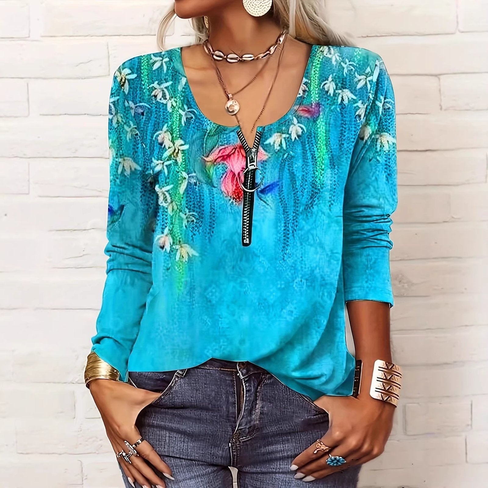 Women's Floral Zip-Up Long-Sleeve Hoodie T-Shirt