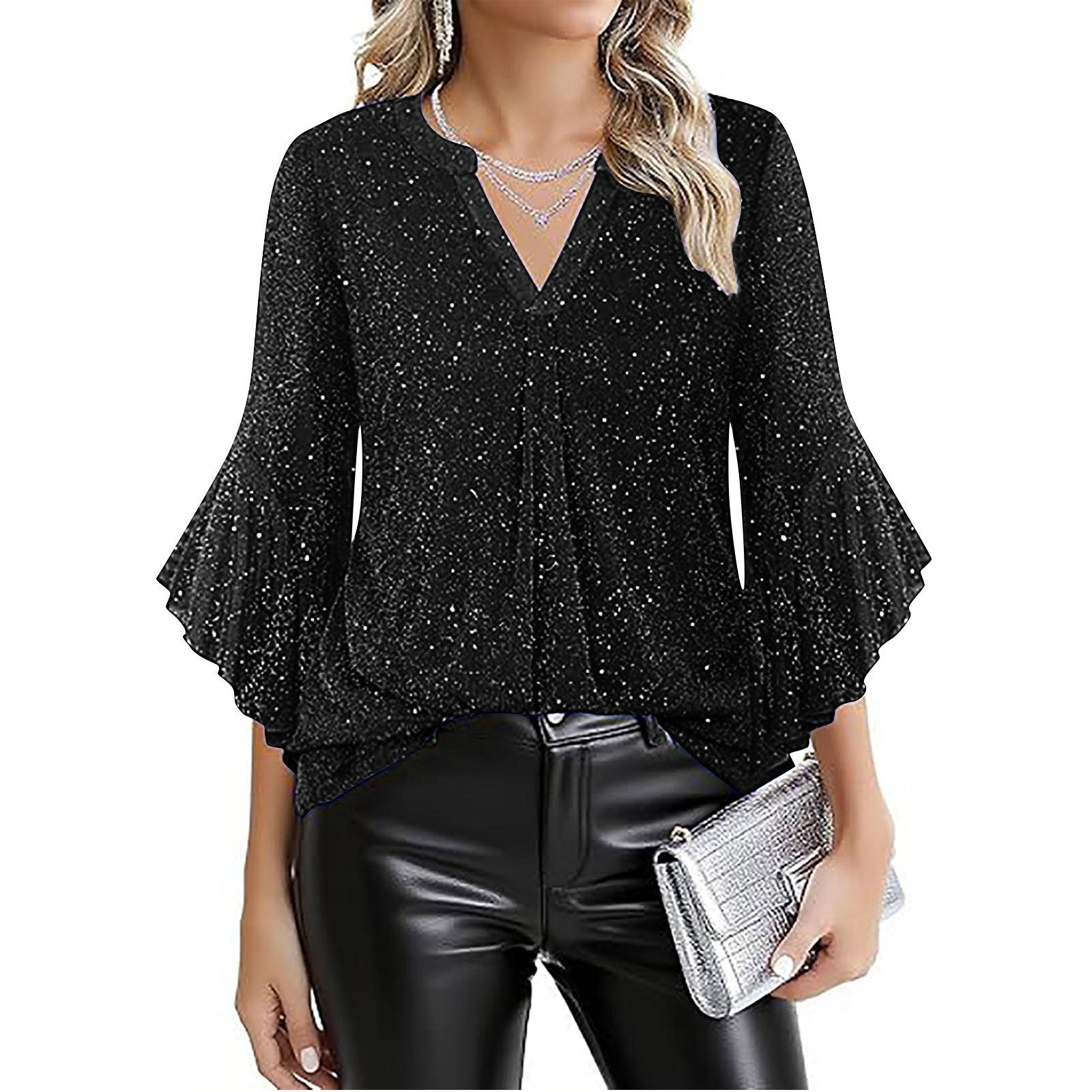 Sparkling V-Neck Petal Sleeve Loose Top