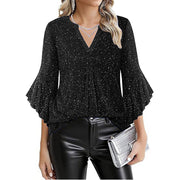 Sparkling V-Neck Petal Sleeve Loose Top