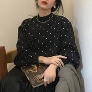 Chic Polka Dot Turtleneck Puff Sleeve Shirt