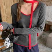Trendy Striped Snood & Long Sleeve Layering Top