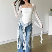 Sheer Slim-Fit Ruffle Long-Sleeve Top