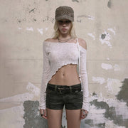 Women's Asymmetrical Off-Shoulder Cropped Long Sleeve Top