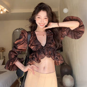 Ruffled Hem Cropped Long-Sleeve Top
