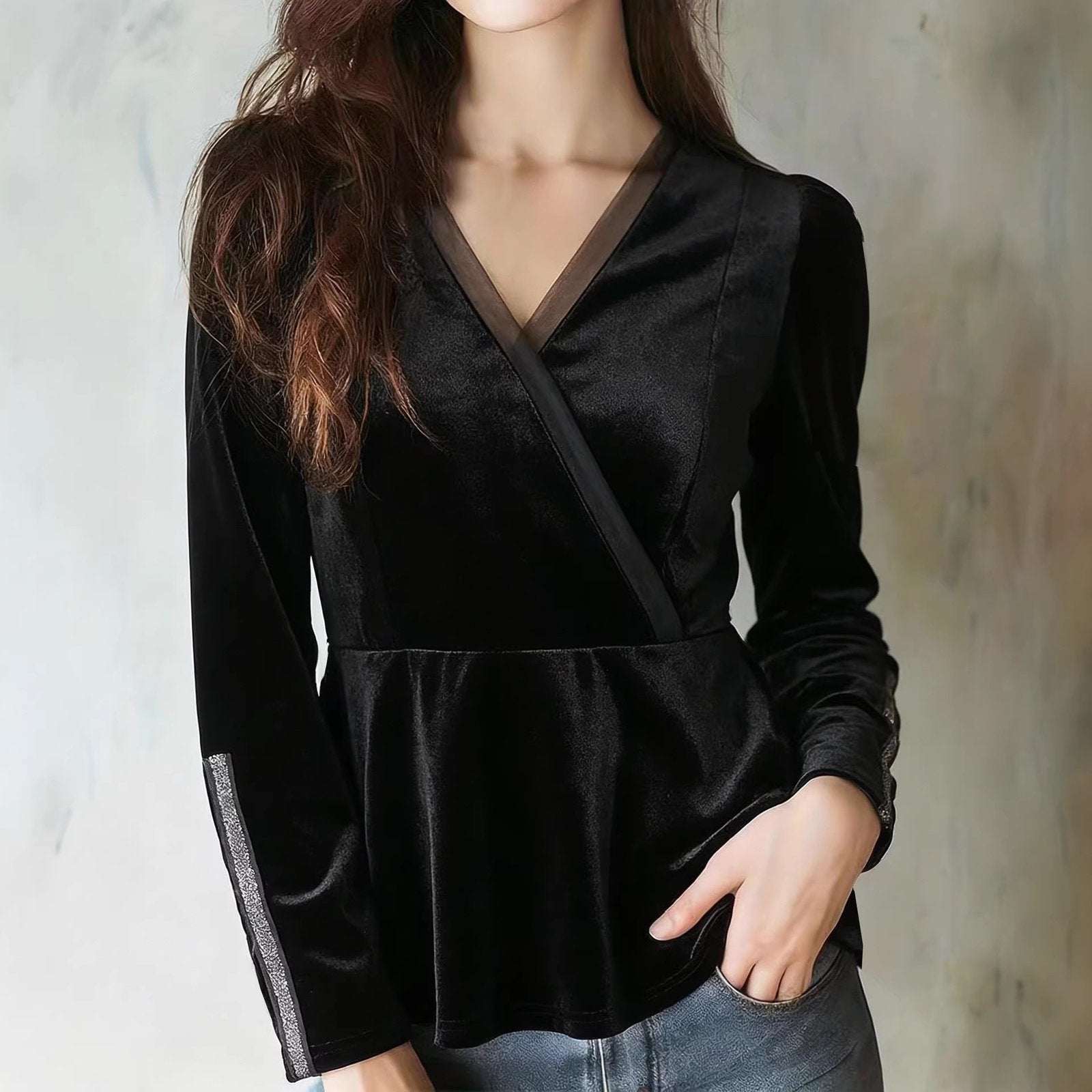 Black Velvet V-Neck Cinched-Waist Long Sleeve Top