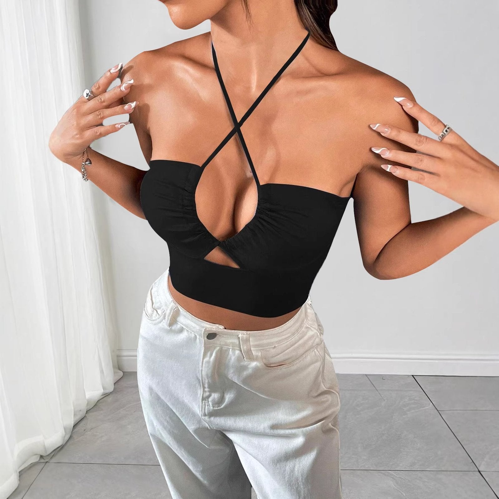 Cropped Strap Tank Top for Women - Black