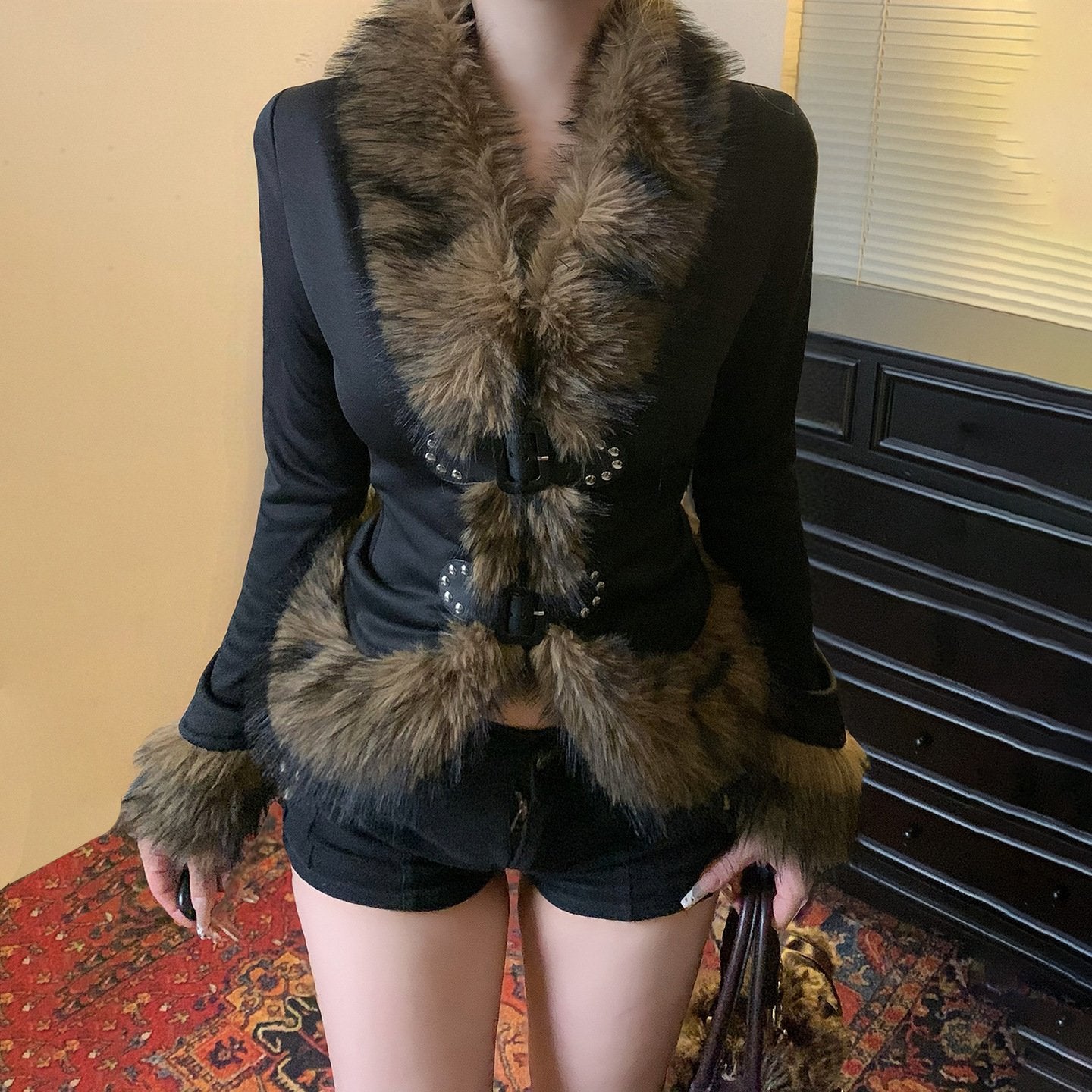 Retro Fuzzy Patchwork Cinched Waist Cardigan