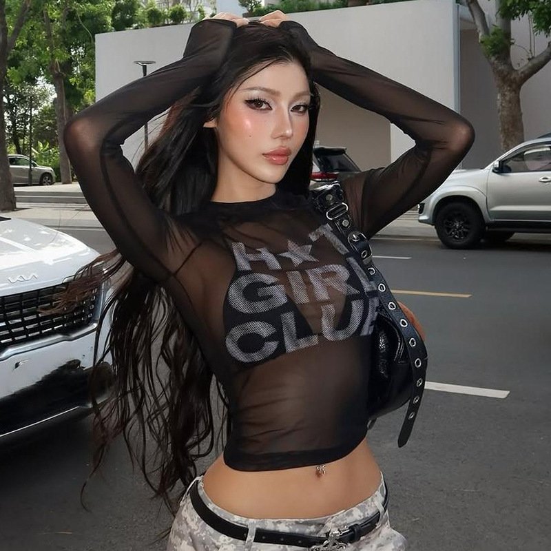 Floral Mesh Long-Sleeve Slim Fit Top