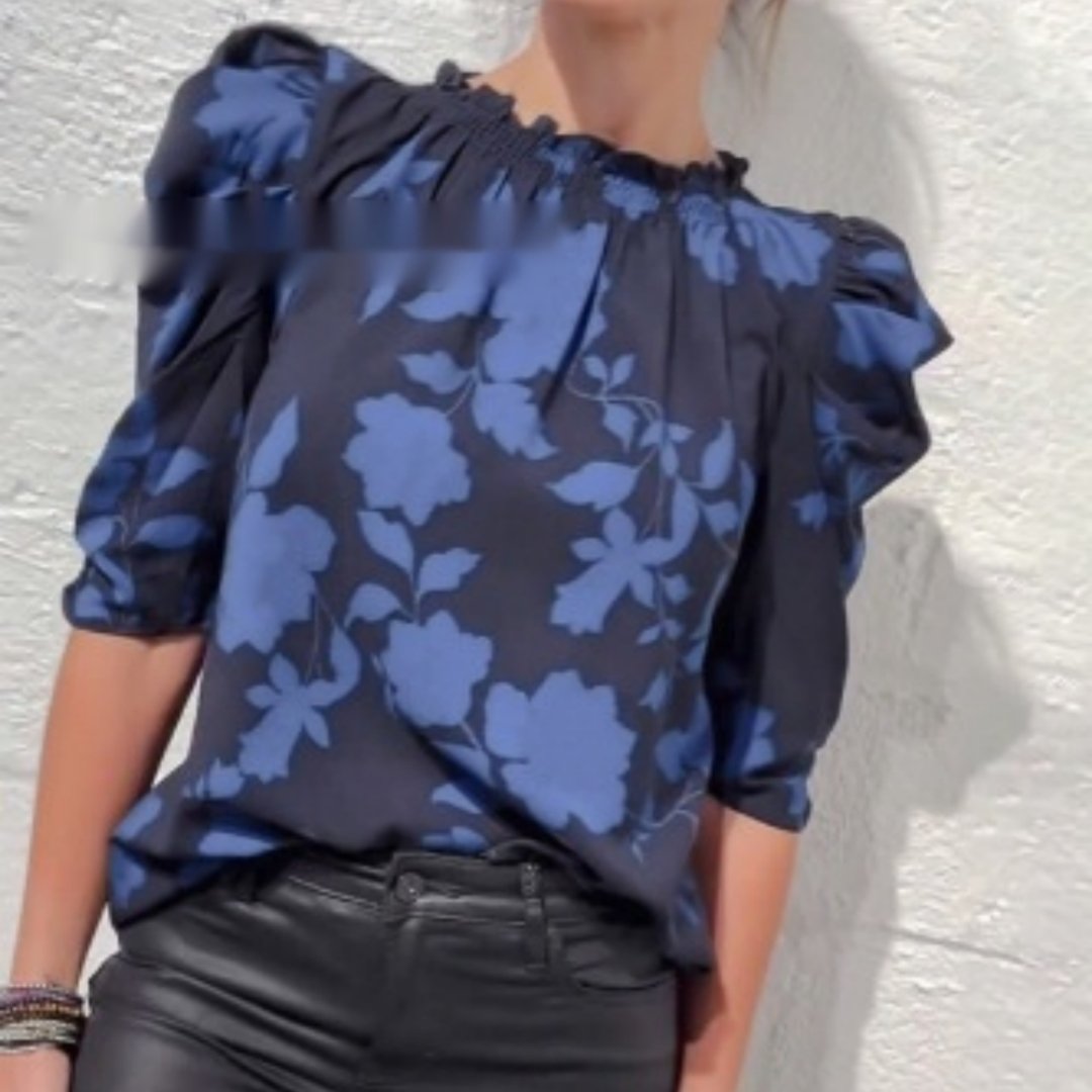 Floral Print V-Neck Batwing Sleeve Loose Blouse