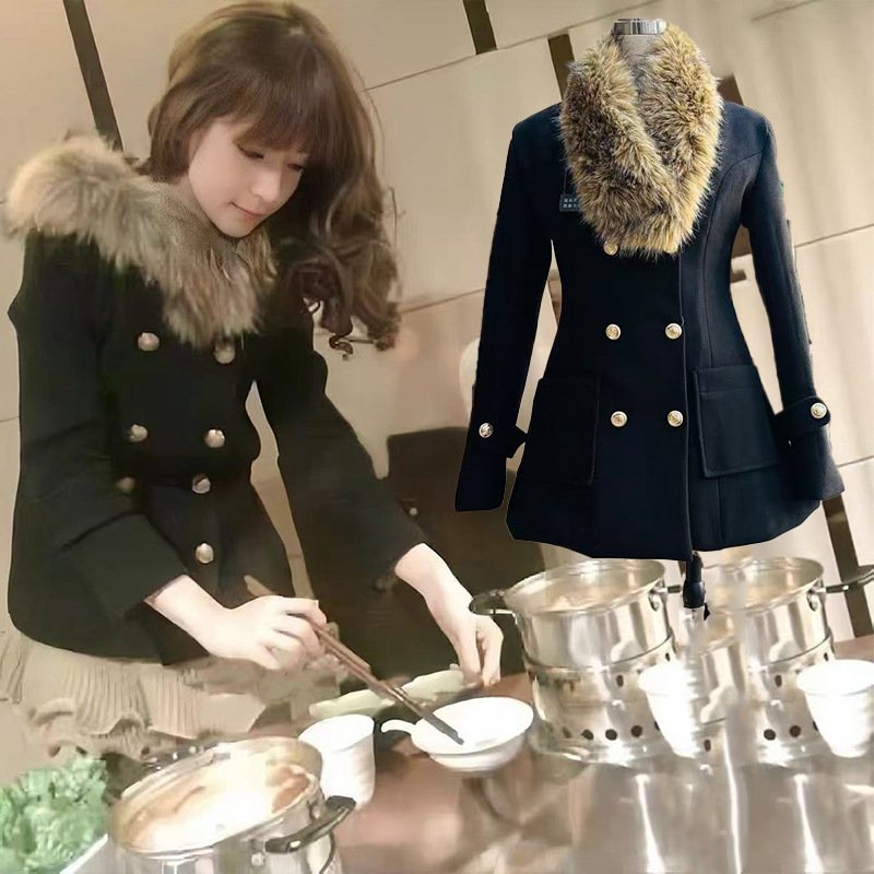 Women's Vintage Black Coat with Luxury Faux Fur Collar