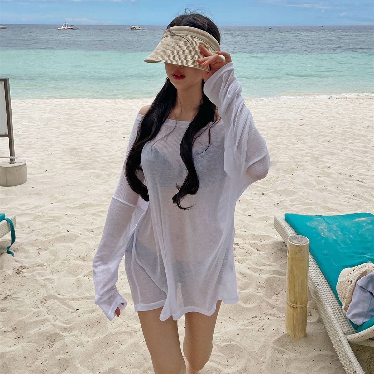 Chic Women's Beach Vacation Long-Sleeve Swim Cover-Up Shirt