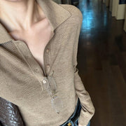 Khaki Polo-Neck Fitted Women's Knit Top