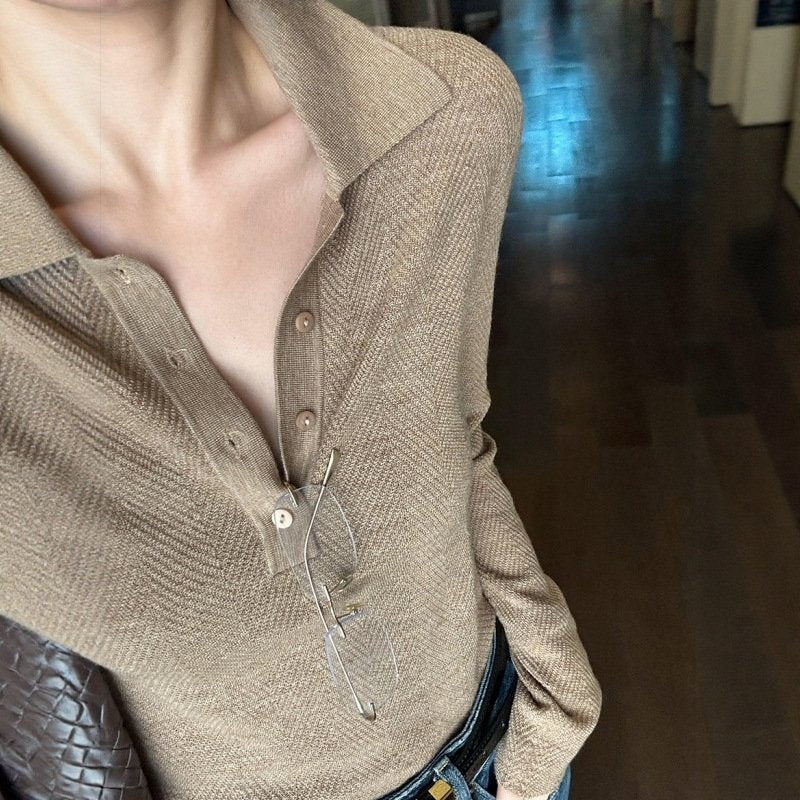 Khaki Polo-Neck Fitted Women's Knit Top