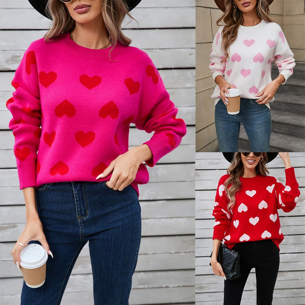 Women's Heart-Shaped Crew Neck Valentine's Day Sweater