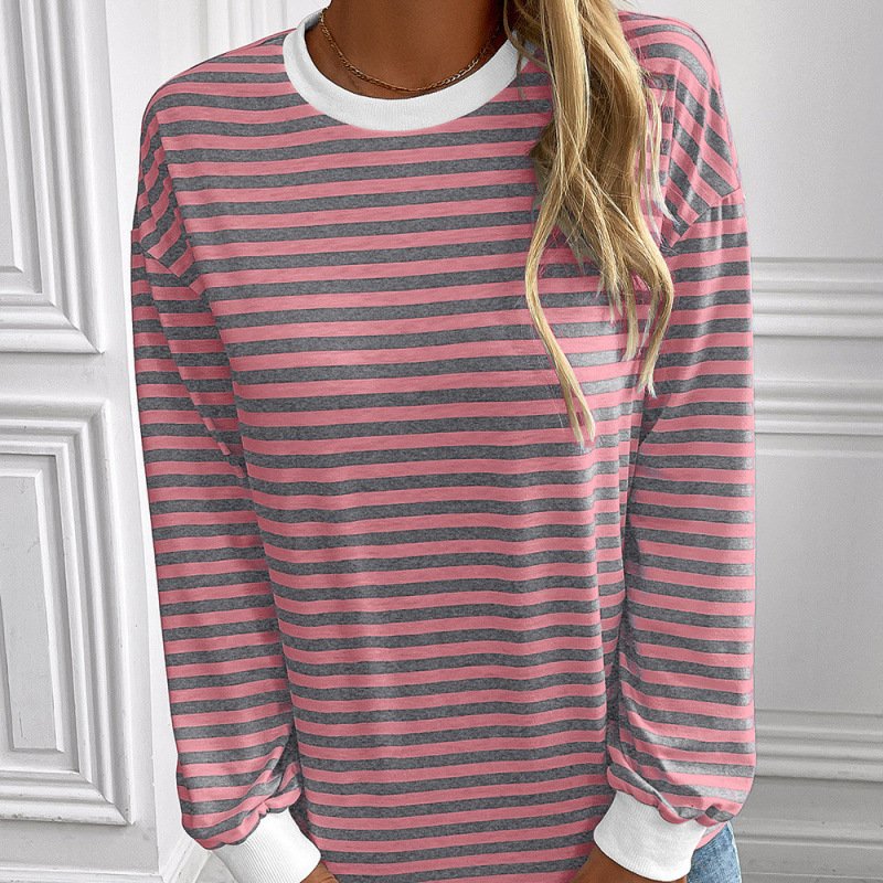 Navy Striped Crew-Neck Long-Sleeve Loose Top