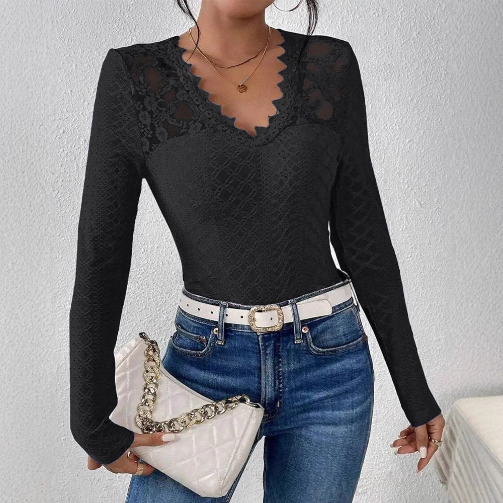 Elegant Lace-Trim V-Neck Long Sleeve Top