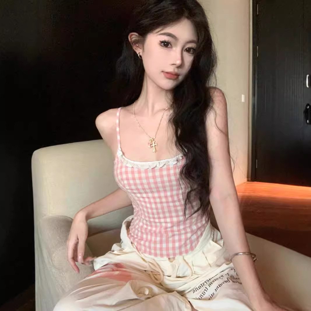Sexy Plaid Camisole with Lace Trim