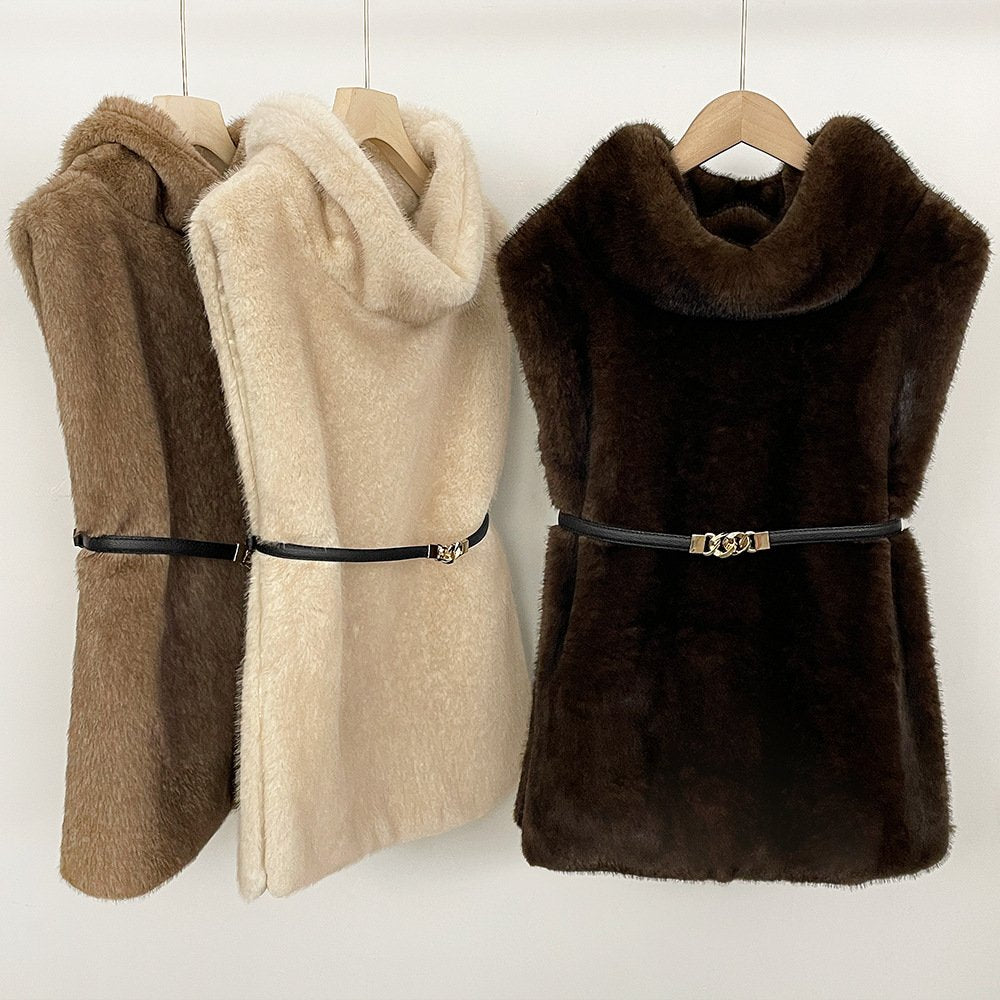 Elegant Women's Faux Fur Turtleneck Top with Belt Detail