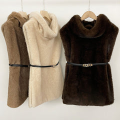 Elegant Women's Faux Fur Turtleneck Top with Belt Detail