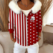 Digital Print Hooded Sweatshirt for Women - Cozy Fur-Lined Cardigan