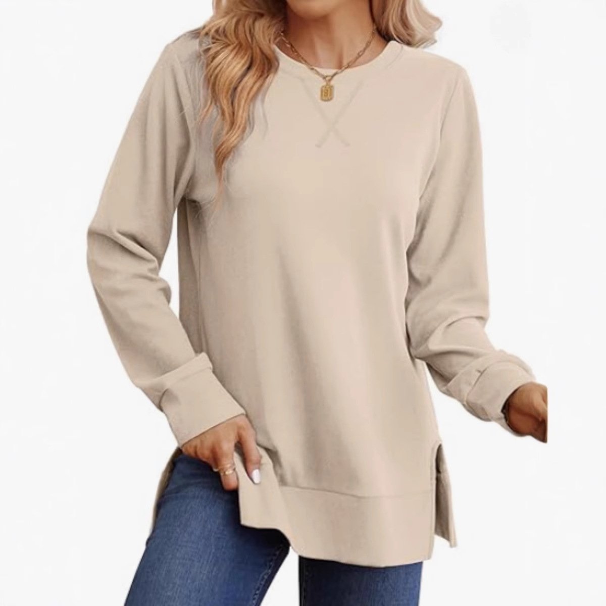 Women's Casual Crew-Neck Long-Sleeve Side-Slit Top
