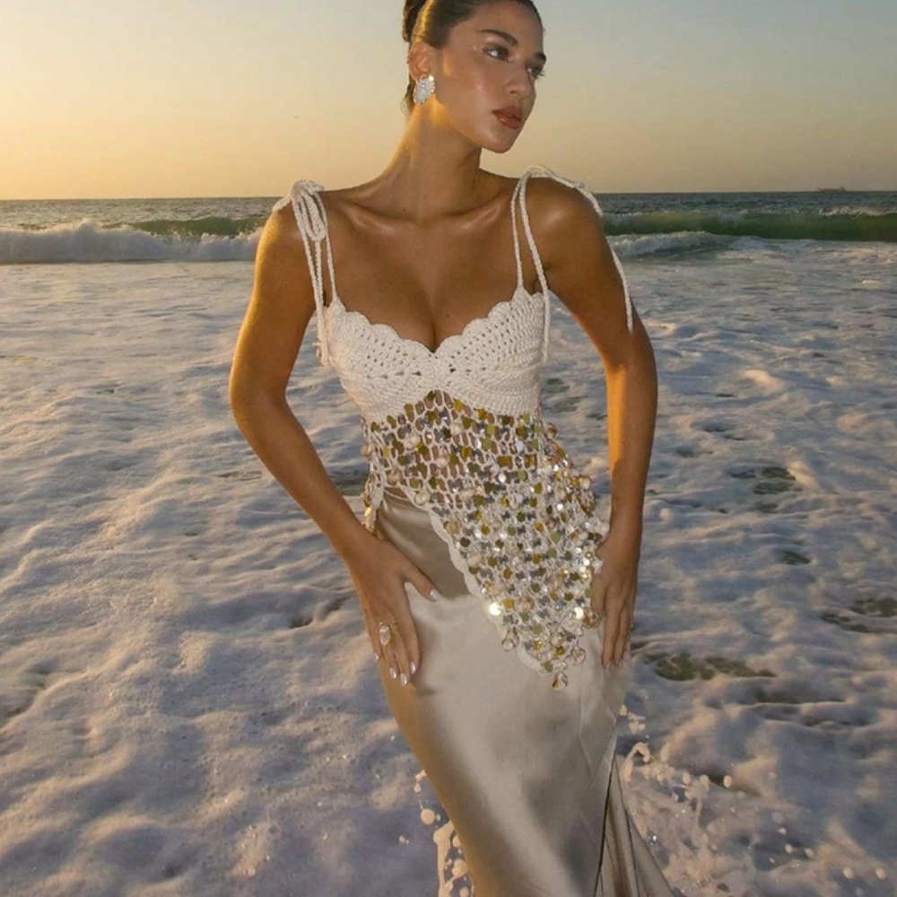 White Beach Cover Up Swimsuit with Sequin Straps
