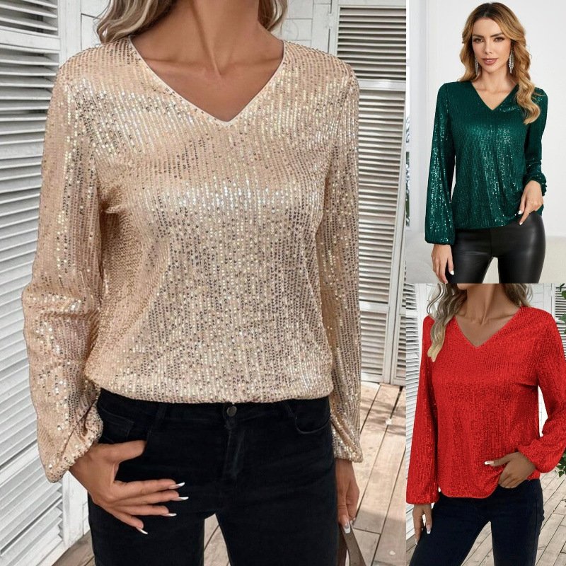Sparkle V-Neck Sequin Long-Sleeve Top