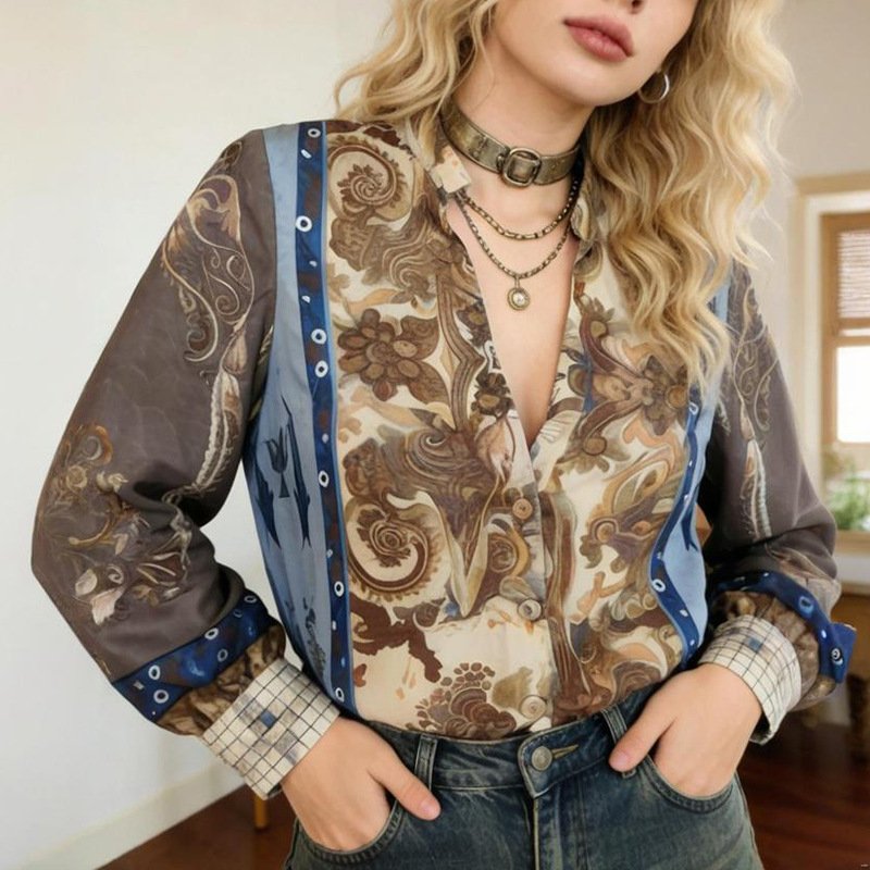 Women's Printed V-Neck Long-Sleeve Loose Casual Top