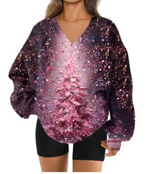 Cozy 3D Print V Neck Sweatshirt for Fall & Winter