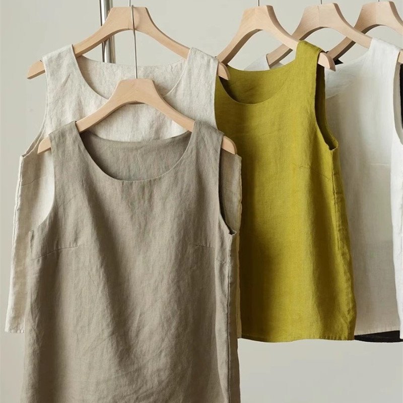 Loose Camisole Top for Women, Cotton-Linen Blend, Crew Neck