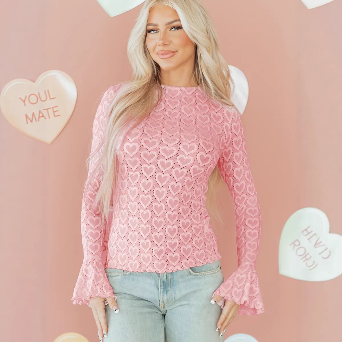 Sweet Heart Jacquard Slim Fit Flared Sleeve Top
