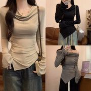 Sexy Asymmetrical Long-Sleeve Slim-Fit Top