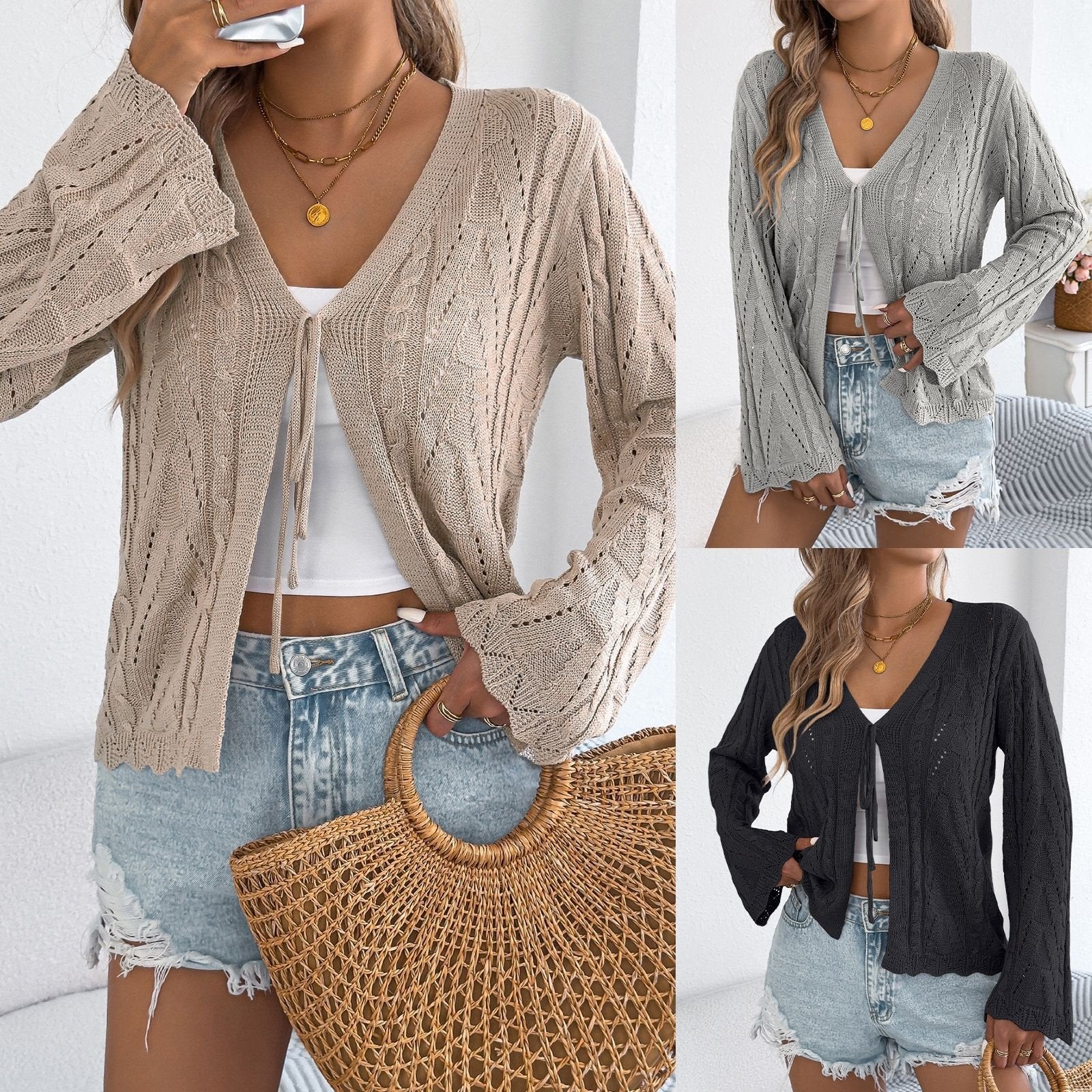 Chic Lace-Up Flared Sleeve Knit Top for Women