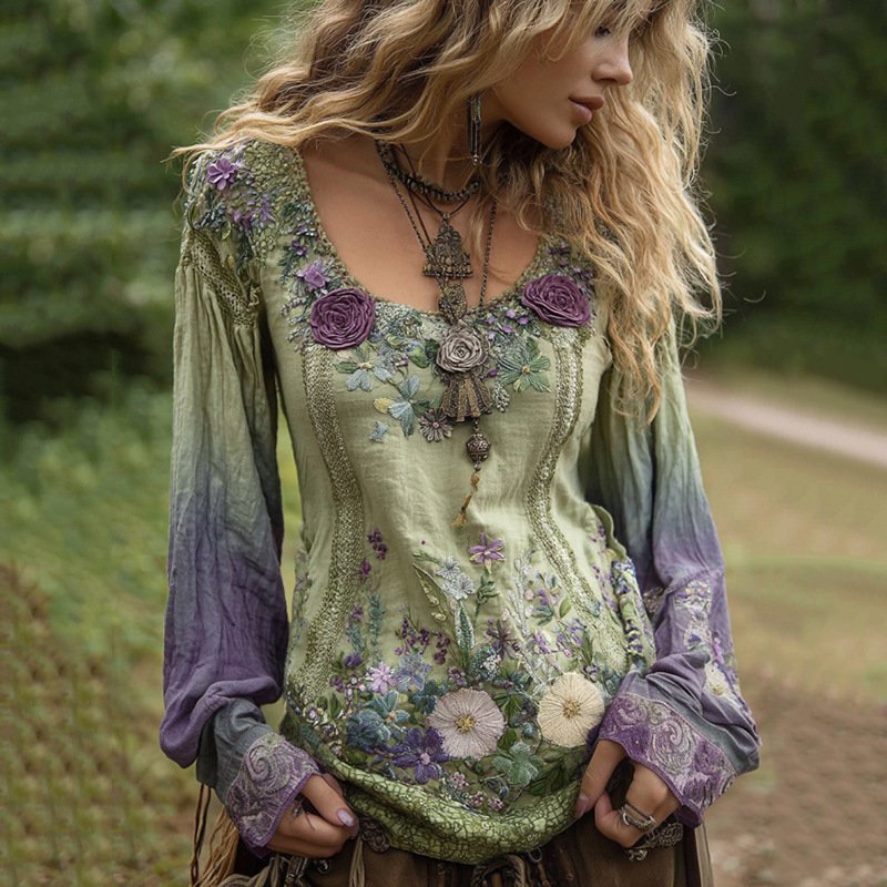 Chic Printed Long-Sleeve Round Neck Women's Top