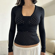 Polka Dot Faux Two-Piece Slim Fit Long Sleeve Top