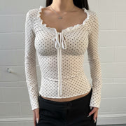 Sweet Polka-Dot Ruffle Long-Sleeve Slim T-Shirt