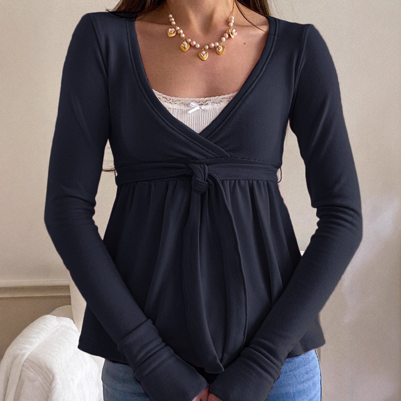 Sweet Lace Bow Long Sleeve Ruffled Loose Knit Top