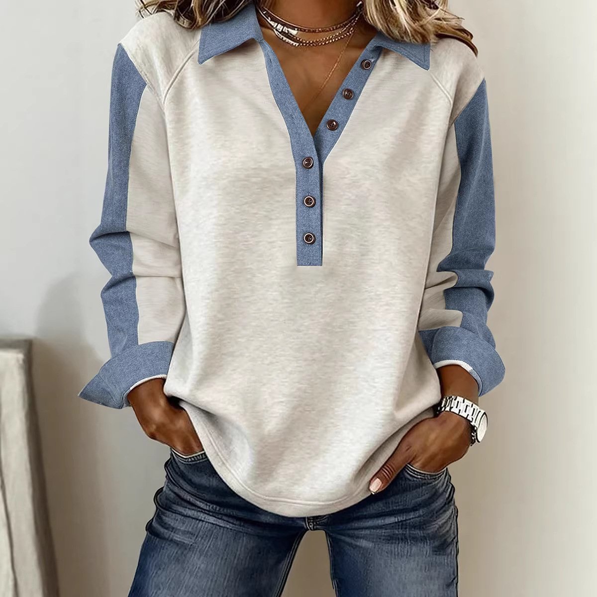 Colorblock Loose Long-Sleeve Casual Top for Women
